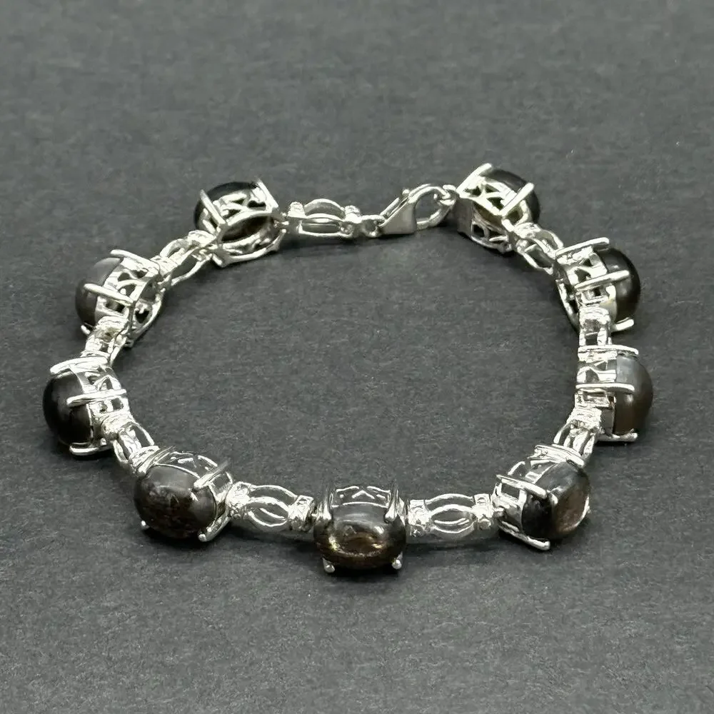 STS 925 Sterling Silver Oval Black Star Sapphire Cabochon Link Bracelet 7.5